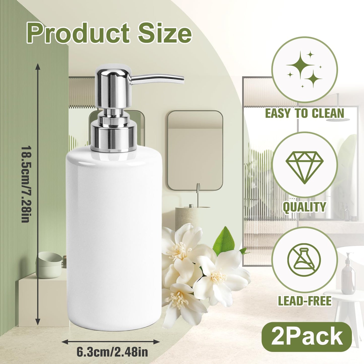 2Pcs Soap Dispenser,300ml Ceramic Cylindrical Bottle with Long Spout – Rustproof Pump, Refillable, Sturdy – Versatile for Shampoo, Lotion, Bath Milk