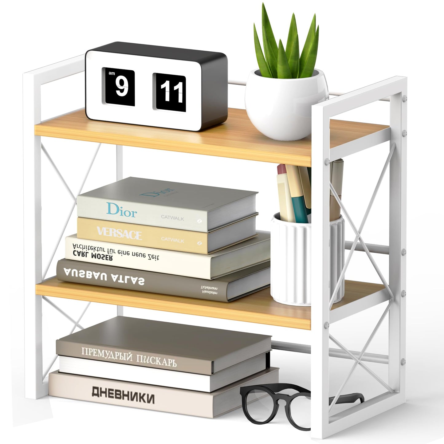 Alytree Desk Shelf Organizer, Wood Desktop Bookshelf Supplies Storage Rack, Shelf for Living Room, Bedroom, Kitchen and Office, White