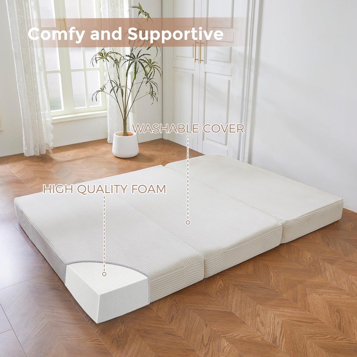 MAXYOYO Folding Corduroy Mattress, Tri Fold Floor Mattress 10cm thick with Washable Cover,Foldable in Three,Space-Saving for Guest Beige, Single