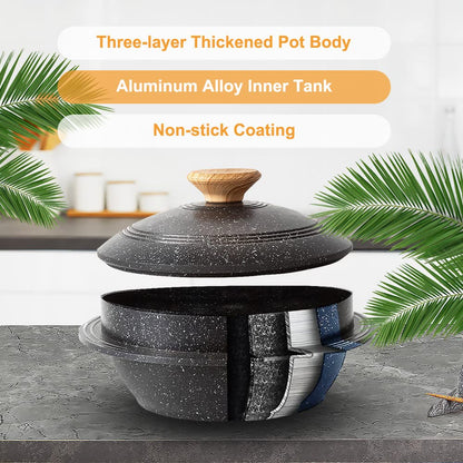 Bobikuke Cast Aluminum Pot with Lid, 24 cm Non-Stick Casserole Dish Korean Stone Bowl Induction Compatible, Black