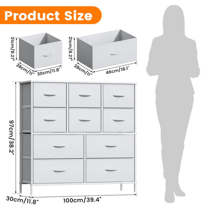 Feonase Chest of Drawers,Bedroom Tall Dresser with 10 Fabric Drawers, Metal Frame & MDF Wood Top, Adjustable Feet, Storage Organizer Unit for Bedroom