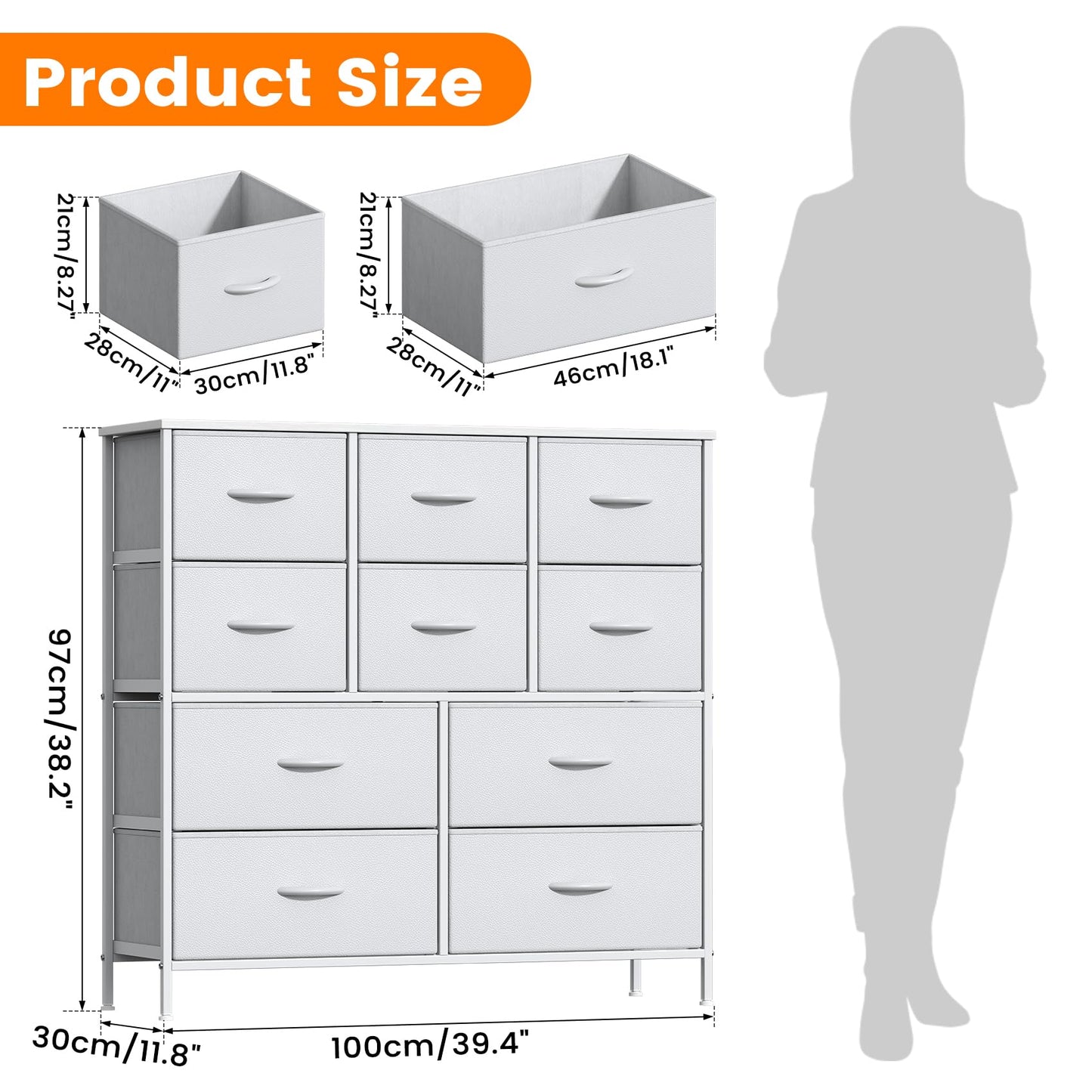 Feonase Chest of Drawers, Bedroom Tall Dresser with 10 Fabric Drawers, Metal Frame & MDF Wood Top, Adjustable Feet