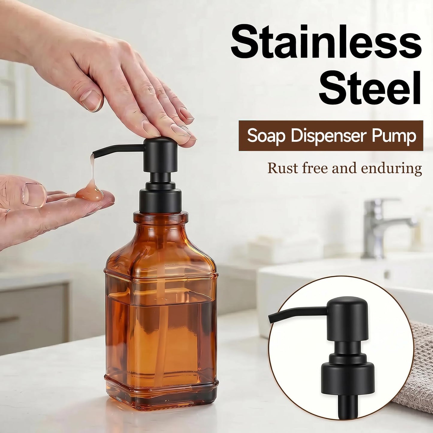 Pollock Pump Dispenser Stainless Steel, Replacement for Standard Neck Size - 26-28 mm Thread Fits Most Hand Soap Dispenser (Black)