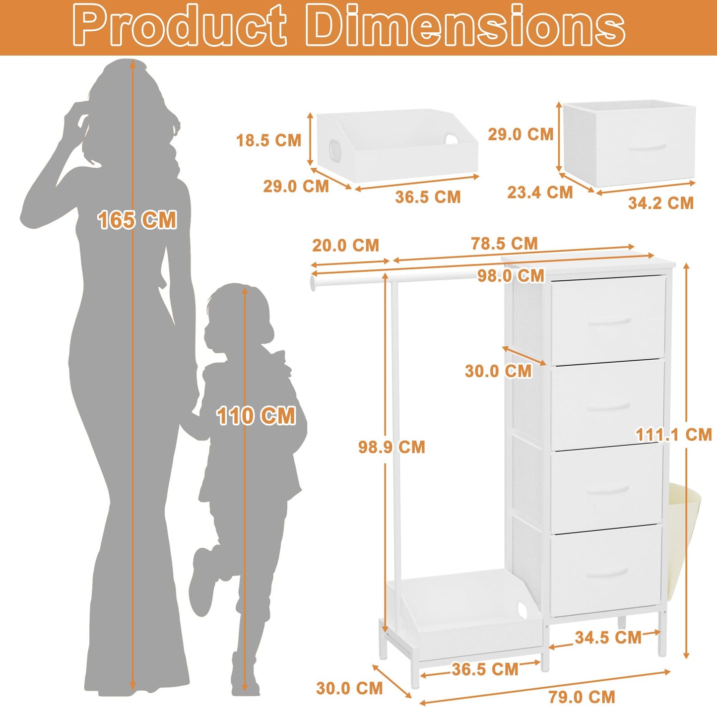 Chest of Drawers with Retractable Hanging Rail and 4 Fabric Drawers