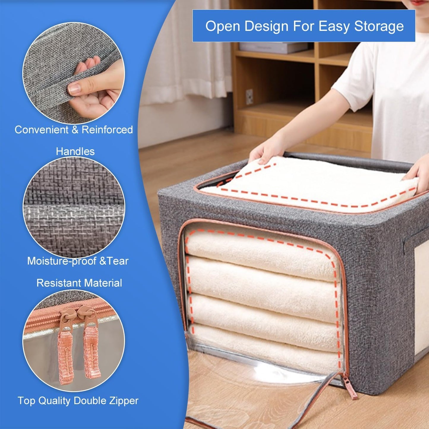 24L Clothes Storage Boxes,Stackable Cube Wardrobe Storage Organiser,Collapsible Storage With Metal Frame,Storage Bags With Zips Clear Window & Carry