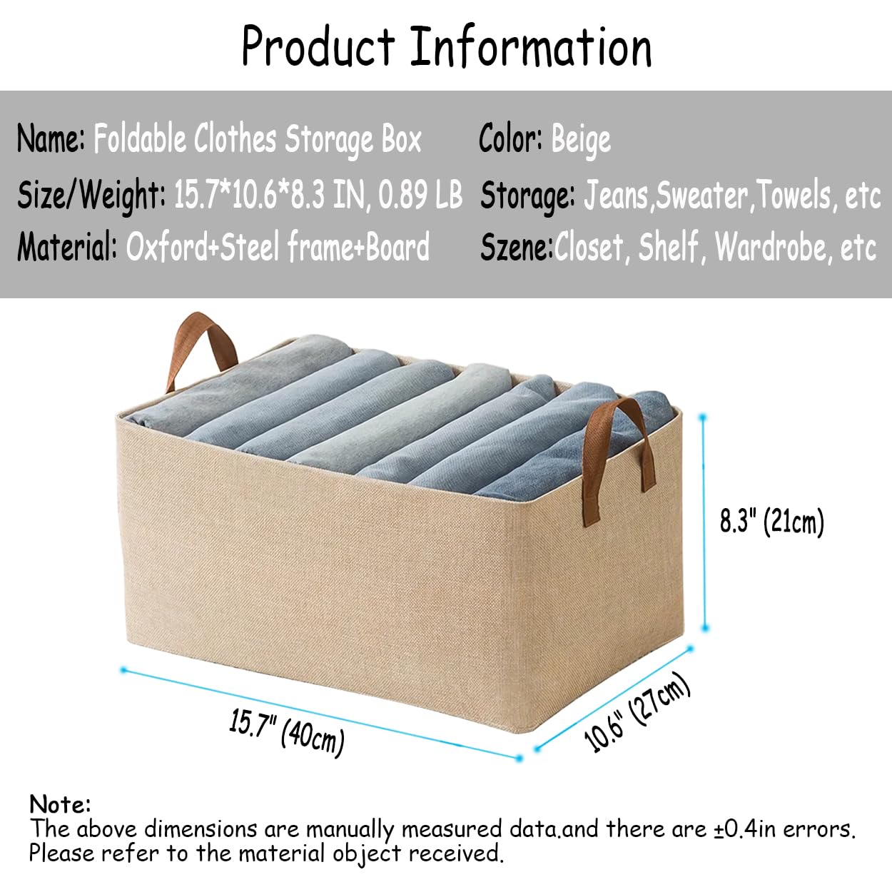 AARAINBOW Closet Storage Baskets 4 Pcs, Foldable Fabric Storage Baskets with Steel Frame