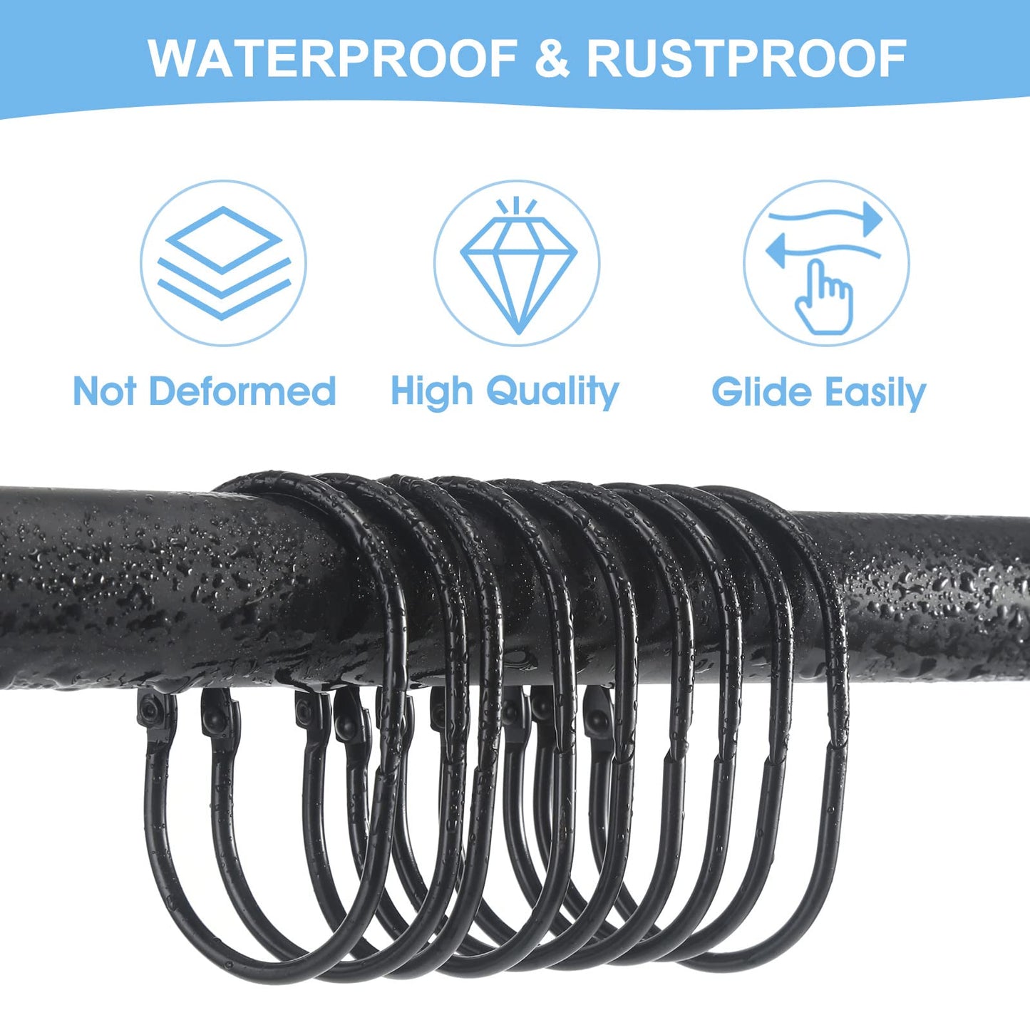 Goowin Shower Curtain Hooks, 12 Pcs Shower Curtain Rings Rust Proof Metal Oval Rings Clasp Closed Shower Curtain Rings for Bathroom Shower Rods