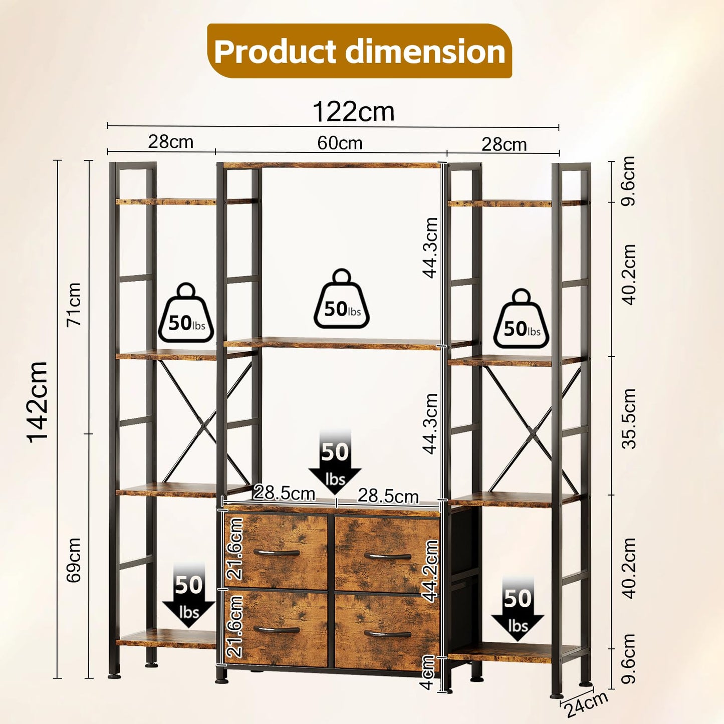 VERMESS 122W x142H cm Triple Book Shelf, 4 Tier Industrial Bookshelf for Home & Office, 47" Wide Large Shelving Unit with 4 Adjustable Fabric Drawers