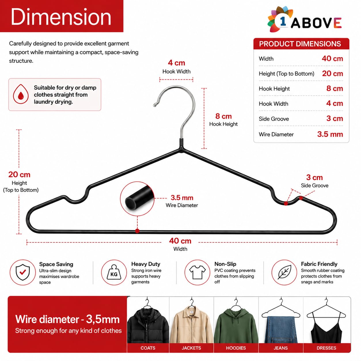 1Above 25x Premium Rubber Coated Metal Hangers - Heavy Duty - Space Saving Organiser Clothes Hangers for Wardrobes Coat Rack Rails Thin and Non-Slip