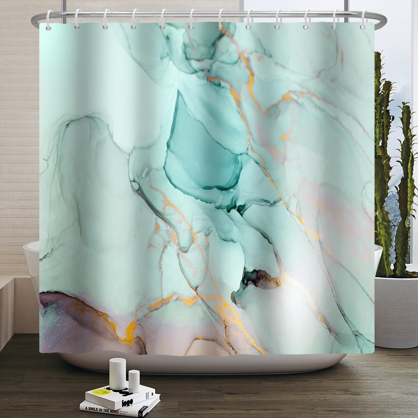 Kzzfqxb 180x200cm Shower Curtains with Plastic Hooks, Waterproof Occluded Light Green Marble Texture Golden Lines Waterflow Modern Pattern for Bath,