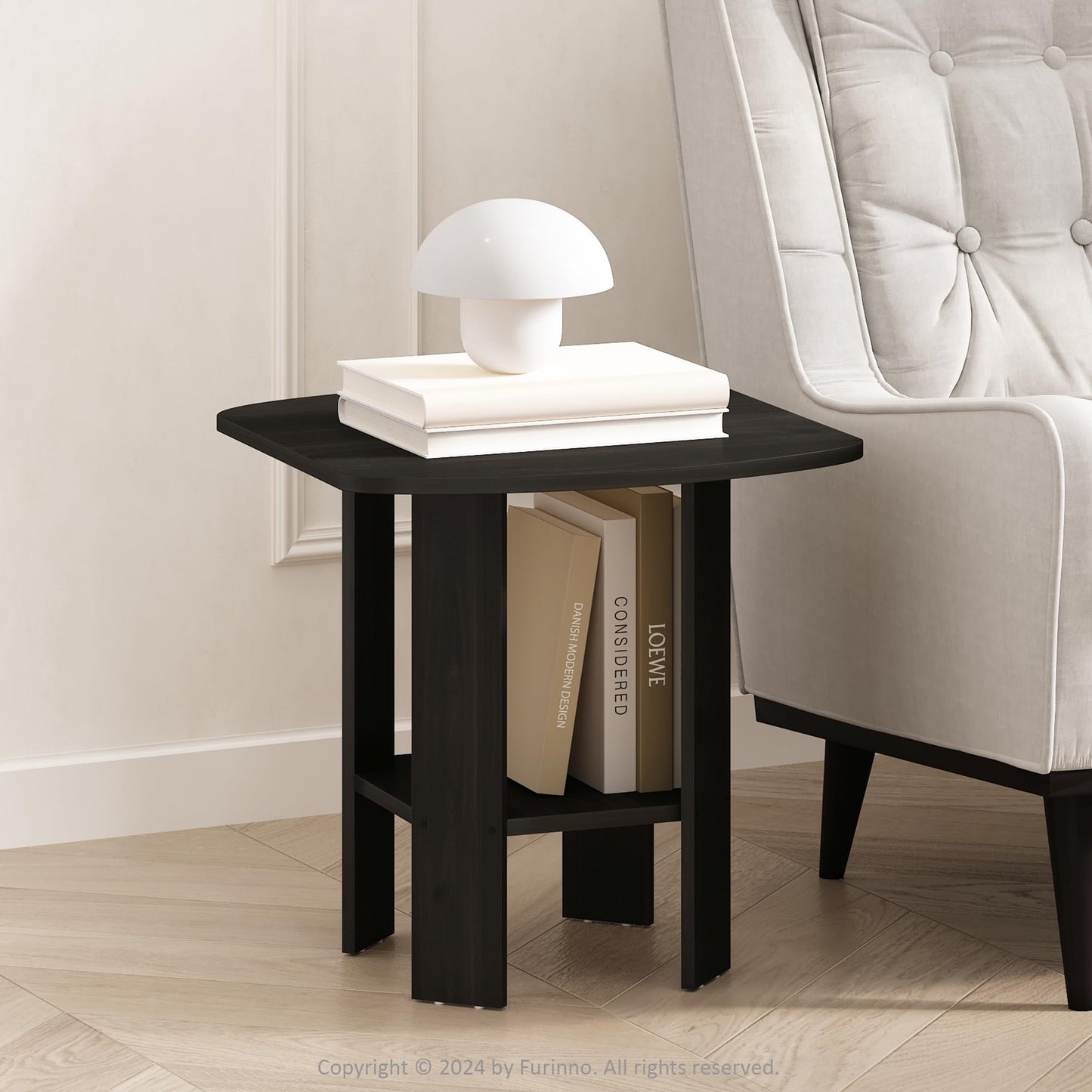 Furinno MODERN Side Table, Square Round Corner End Table with Storage Shelf, Night Stand, Bedside Table, for Living Room, Bedroom, Black Espresso