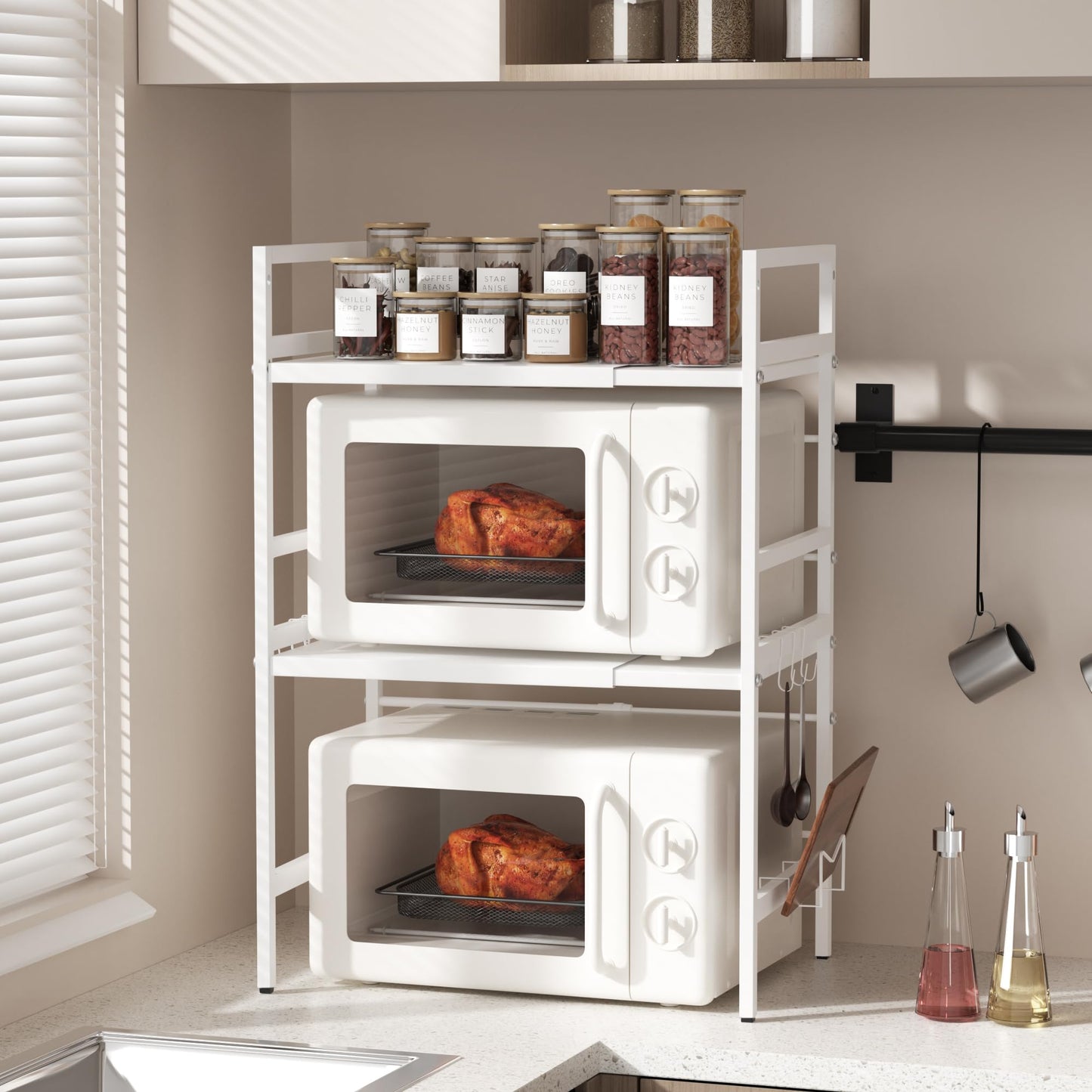 Furnestorica Retractable and Adjustable Microwave Rack, 3-Layer Microwave Shelf Made of Carbon Steel, Robust Holder with 6 Hooks