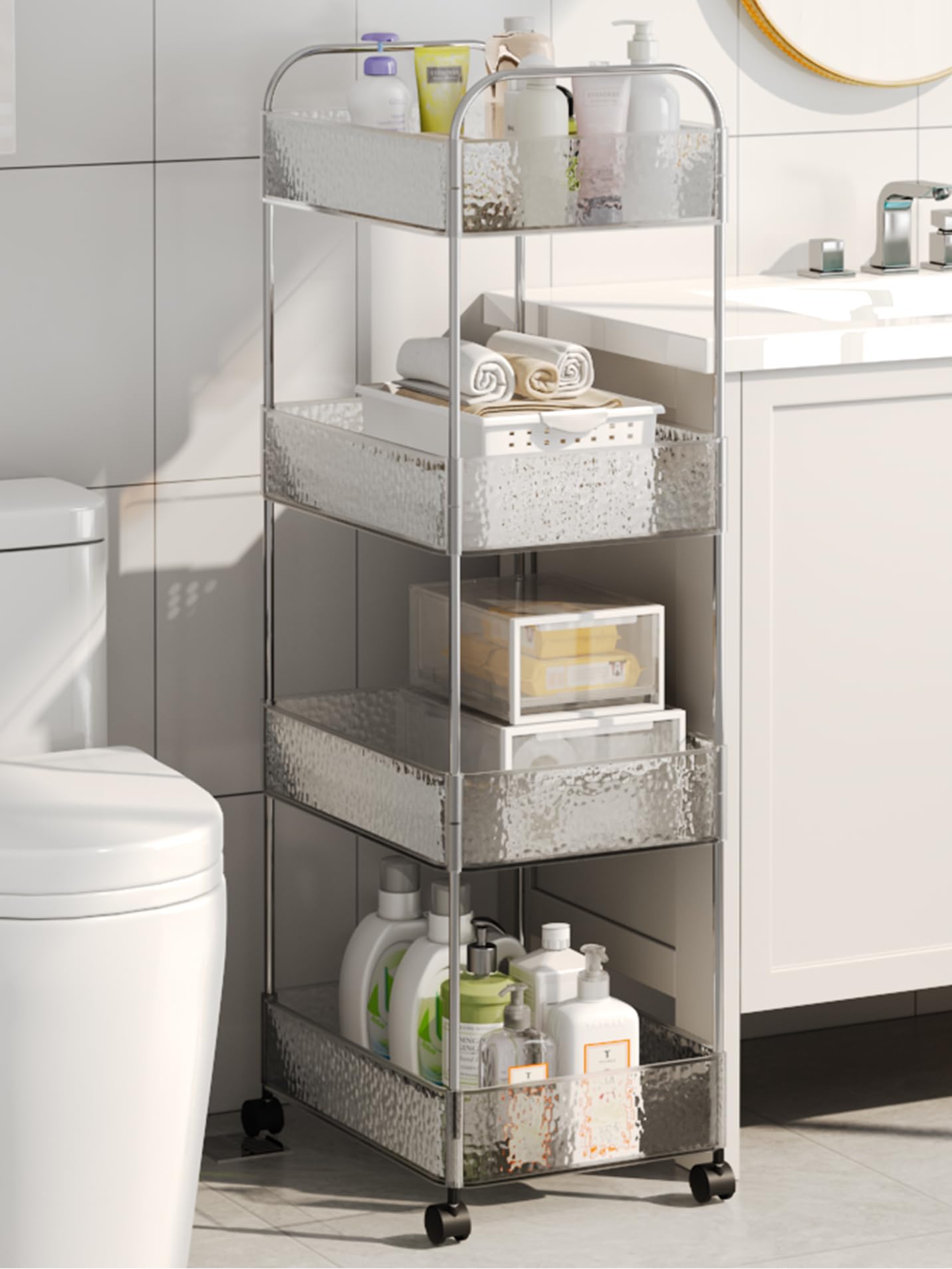 CraftGenes 4-Tier Slim Storage Trolley on Wheels with Lock, 36x27x95cm, Transparent Bathroom Trolley with Stainless Steel Frame & U-Handle