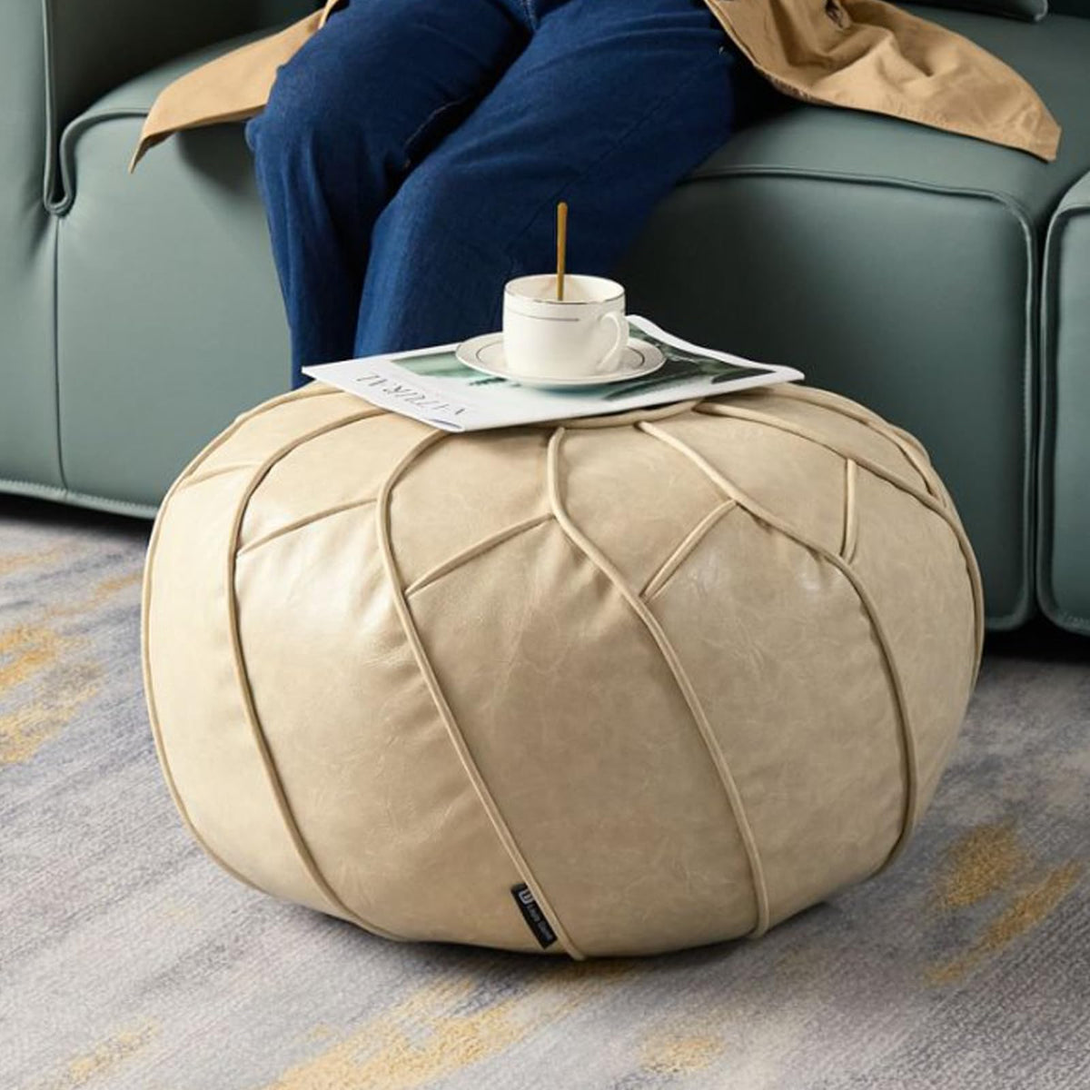 Louis Donné Round Pouffe Cover Unstuffed Handmade Waterproof Faux Leather Ottoman Cover Storage Footstool Seat for Living Room Bedroom Indoor Decor