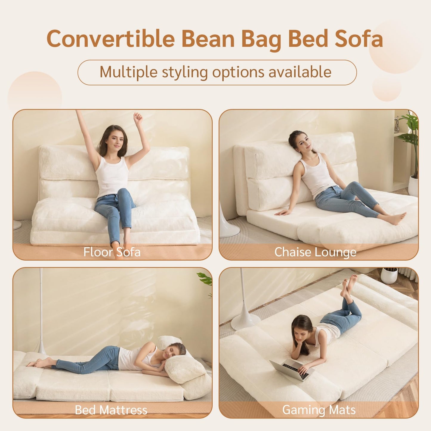 MAXYOYO Bean Bag Bed Folding Sofa Bed Mattress for Adults, Extra Thick 6 Fold Floor Couch for Bedroom Living Room, Beige, 75x240 cm