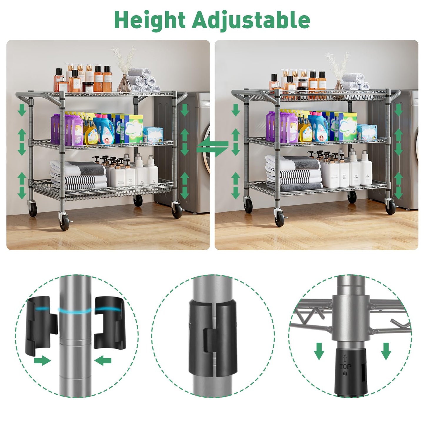 Forthcan 3-Tier Heavy Duty Shelving Unit, Storage Trolley on wheels, Silver