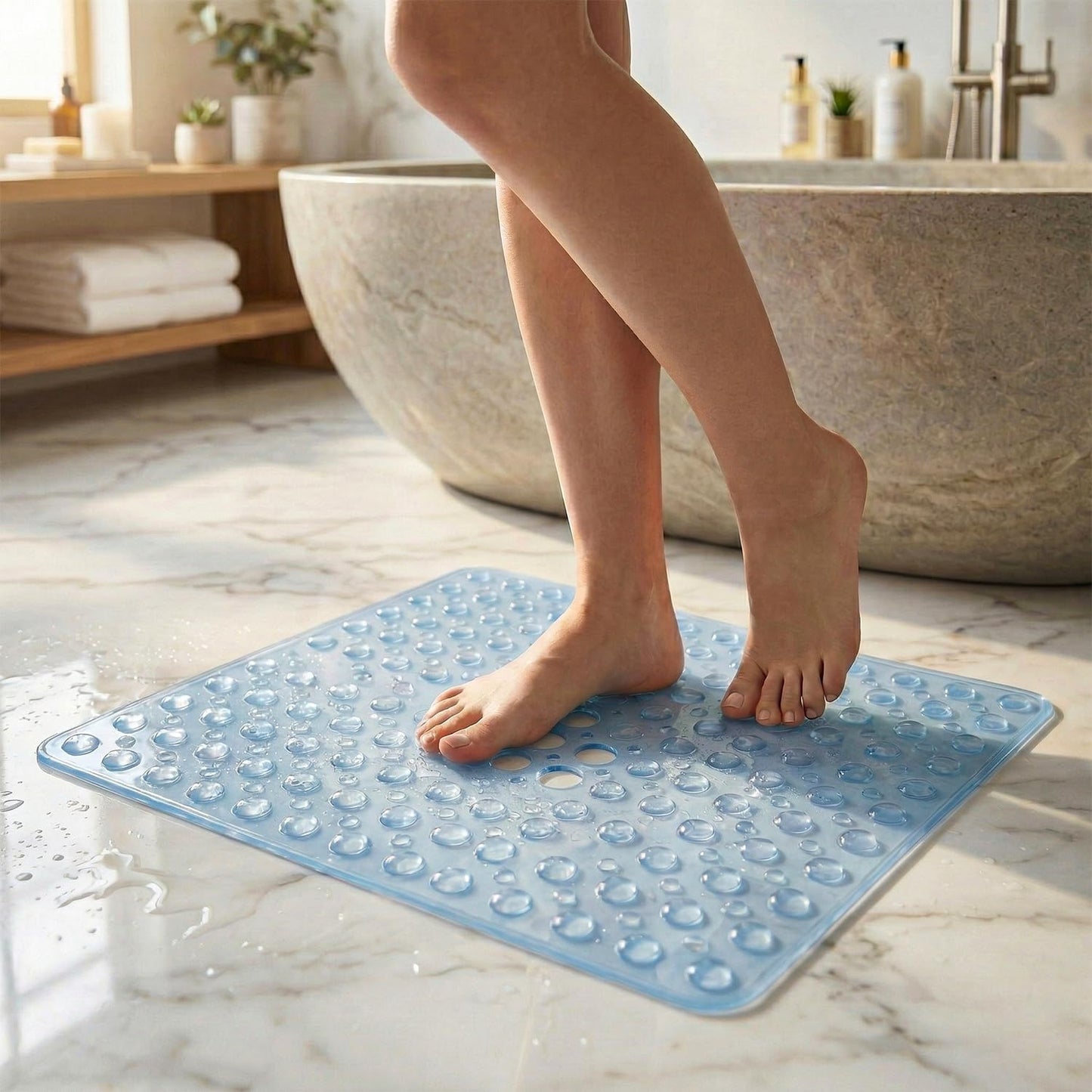 Rugs Garden Shower Bath Mats - Washable Non Slip Anti Mould Rubber Bathmat with Suction Cups for Bathtub and Bathroom (Blue, 53x53 cm)