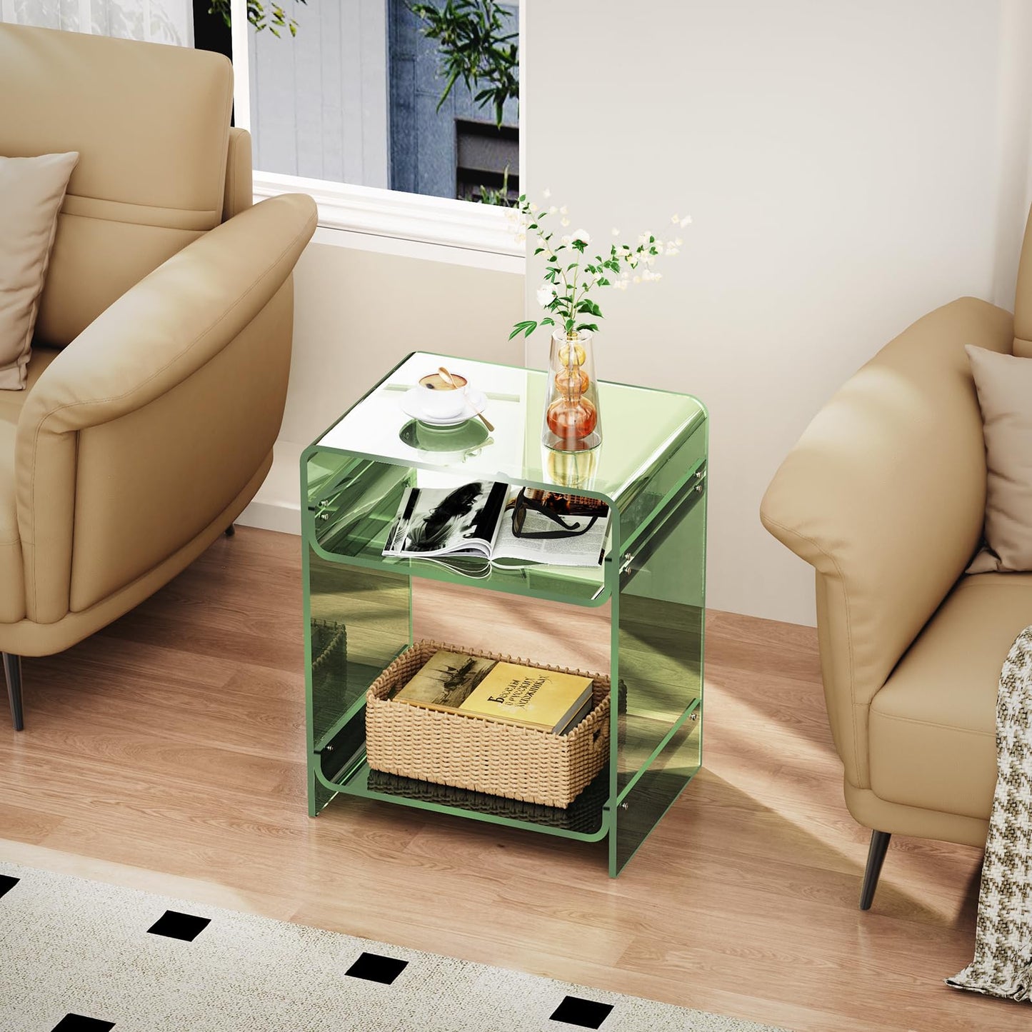 Acrylic End Table with Storage Shelf, Clear Side Table, Record Player Table, Nightstand, 15.7x19.7x11.8 (Green, 40×30×50 cm)