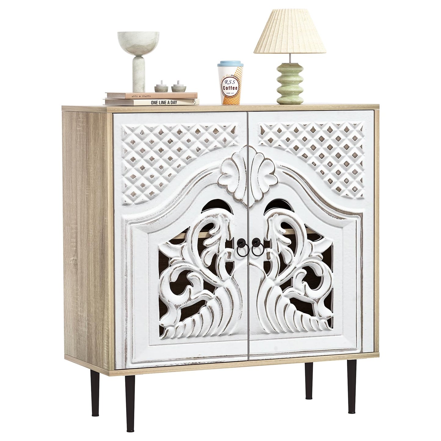 Skokliz Sideboard, Kitchen Sideboard with 2 Doors, Carved Kitchen Cabinet with Adjustable Shelves, Buffet Cabinet for Living Room, Dining Room