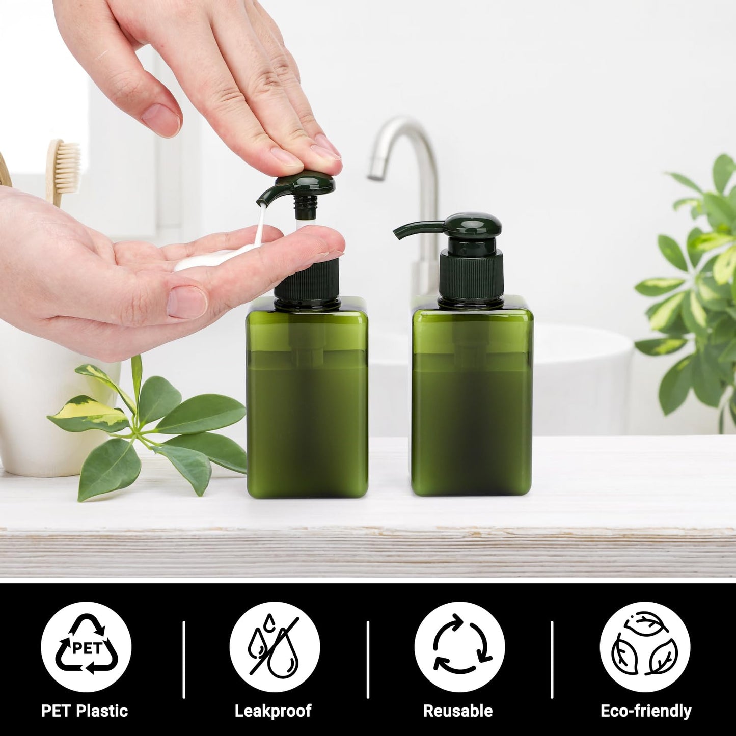 Segus Hand Soap Dispenser, 3 Pieces 100ml Empty Shampoo Bottles, Small Shower Dispensers with Labels, in Plastic, Bathroom Accessories (Dark Green)