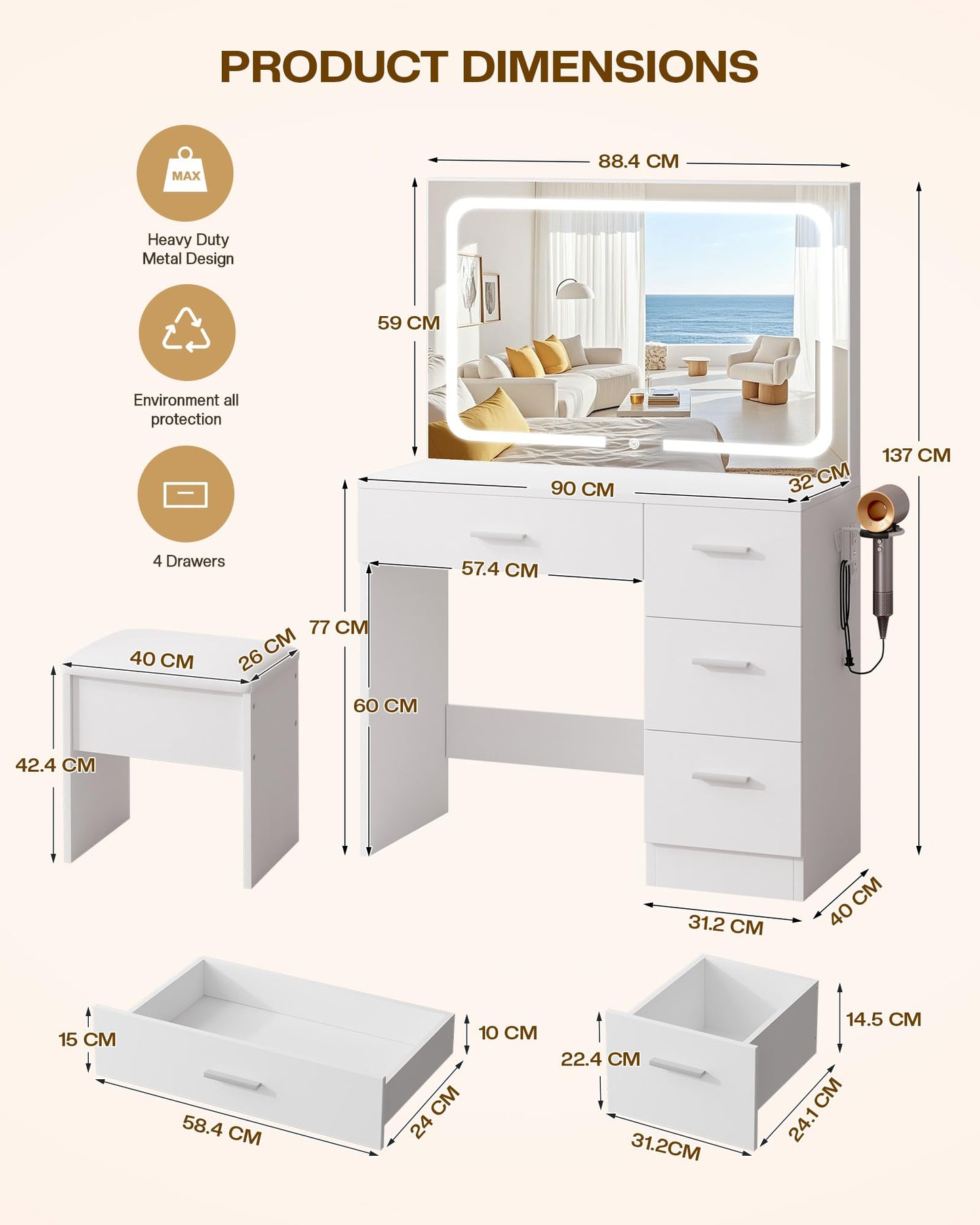 LIVELYGLOW Dressing Table with Smart LED Mirror & Power Outlet, 90cm White Makeup Vanity Desk Set with 4 Drawers, Hairdryer Holder & Cushioned Stool