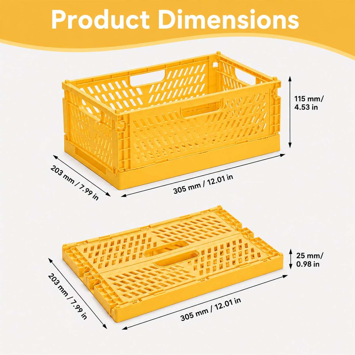 PIANKEKE 2 Pcs Collapsible Storage Box Yellow, Plastic Stackable Folding Storage Crates with Handles