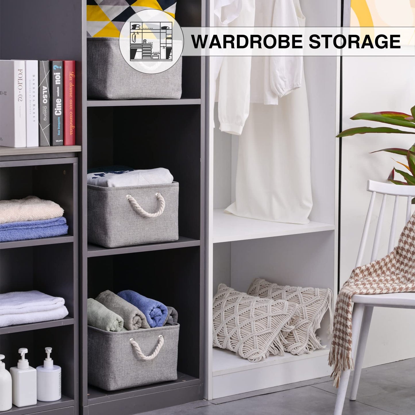 Kriovoa 3 Pcs Fabric Storage Baskets, Foldable Storage Baskets with Handles, Canvas Storage Boxes for Shelves, Toys, Clothes, Books 31x21x16cm, Grey.