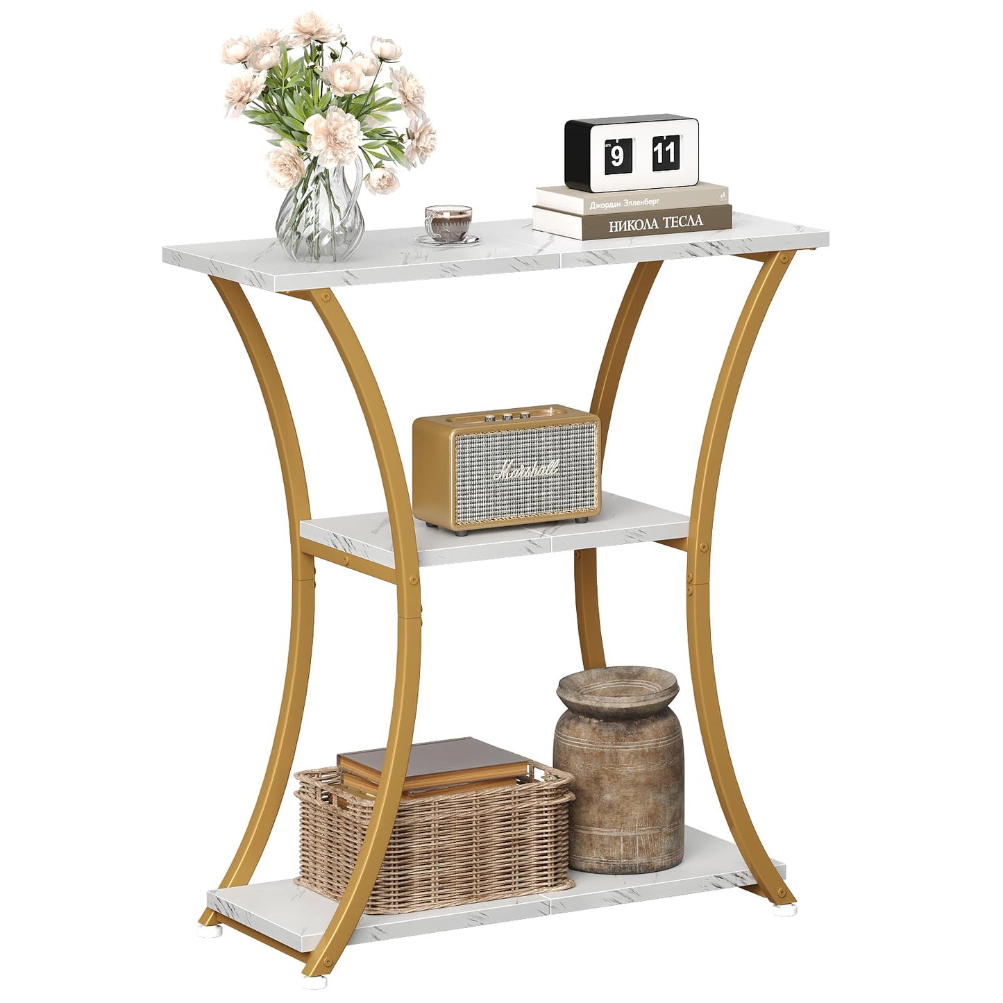 Trironsun Rustic Narrow Console Table with 3 Tiers, Slim Hallway Table with Curved Metal Frame and Open Shelves
