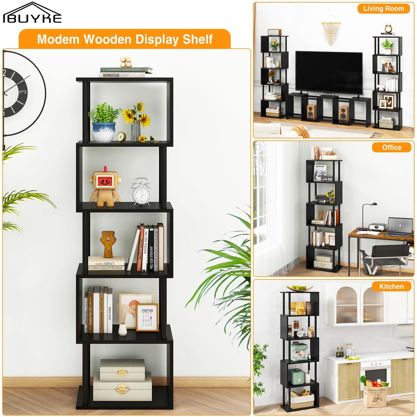 IBUYKE 6-Tier Tall Bookshelf,S-Shaped Geometric Bookcase,Black WBC016B
