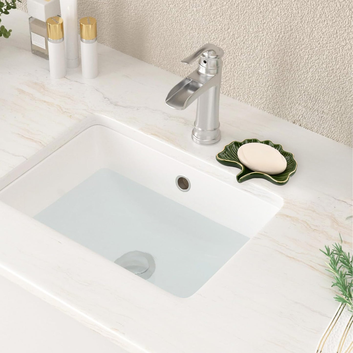 YoHyien Ceramic Soap Dish with Drainage, Ginkgo Leaf Shaped Soap Dish for Bathroom, Self Draining Soap Holder for Shower, Kitchen, and Sink
