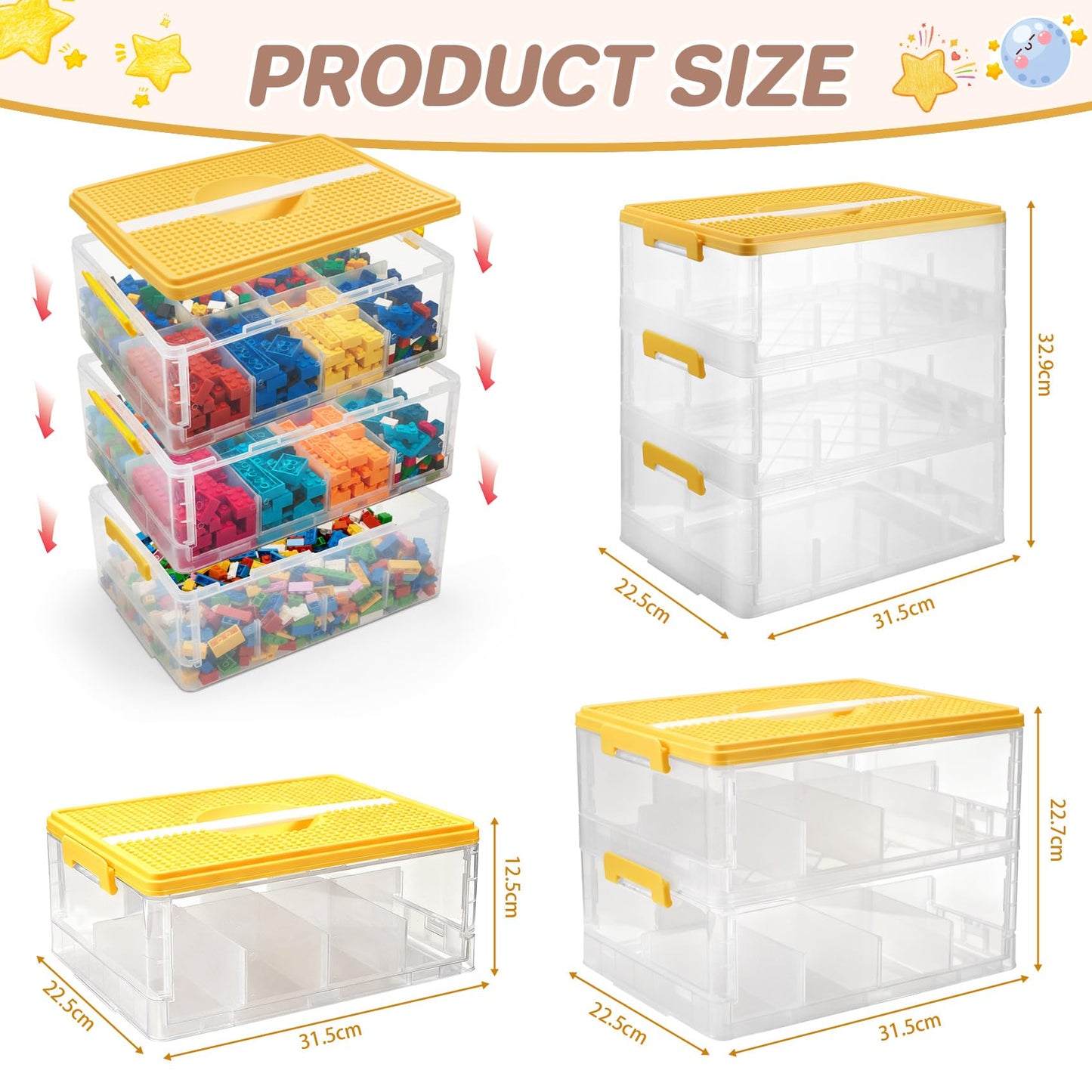 Yocdunm 18L Storage Boxes with Lids, Cube Kids 3 Layers Stackable Plastic Drawer Organiser Handle,Storage Box for Magnetic Building Blocks Bricks