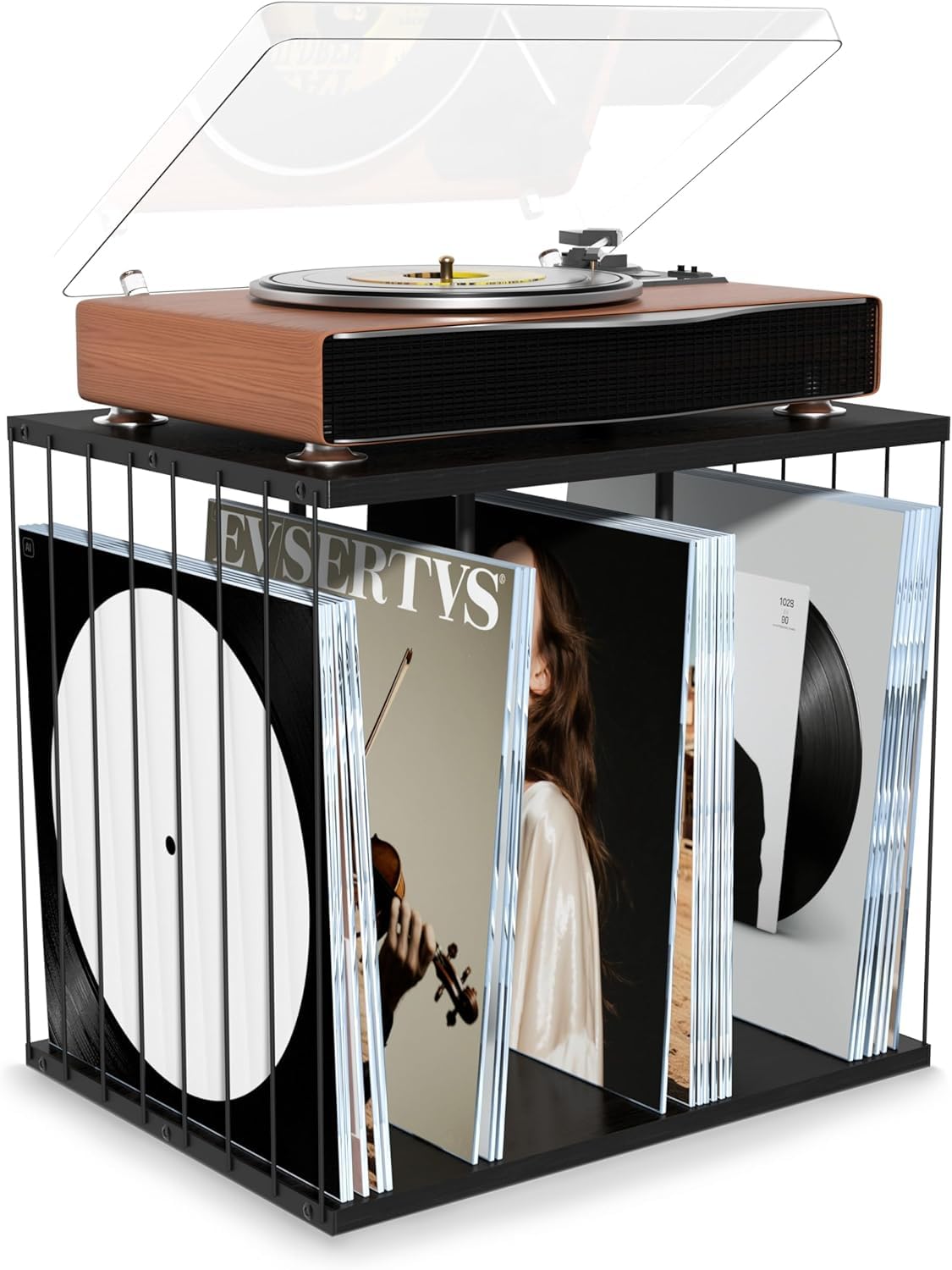 Emfogoo Vinyl Record Storage, Metal & Wooden Vinyl Record Holder Up to 80 LP Albums, 3-Compartment Record Player Stand for Magazine, Book, Files