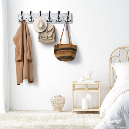 PHINGEER Wall Mounted Coat Hooks, Wooden Heavy Duty Coat Rack for Wall,6 Triple Coat Hanger Hooks for Hanging Coats,Jacket,Hat,Clothes(Grey White, 6