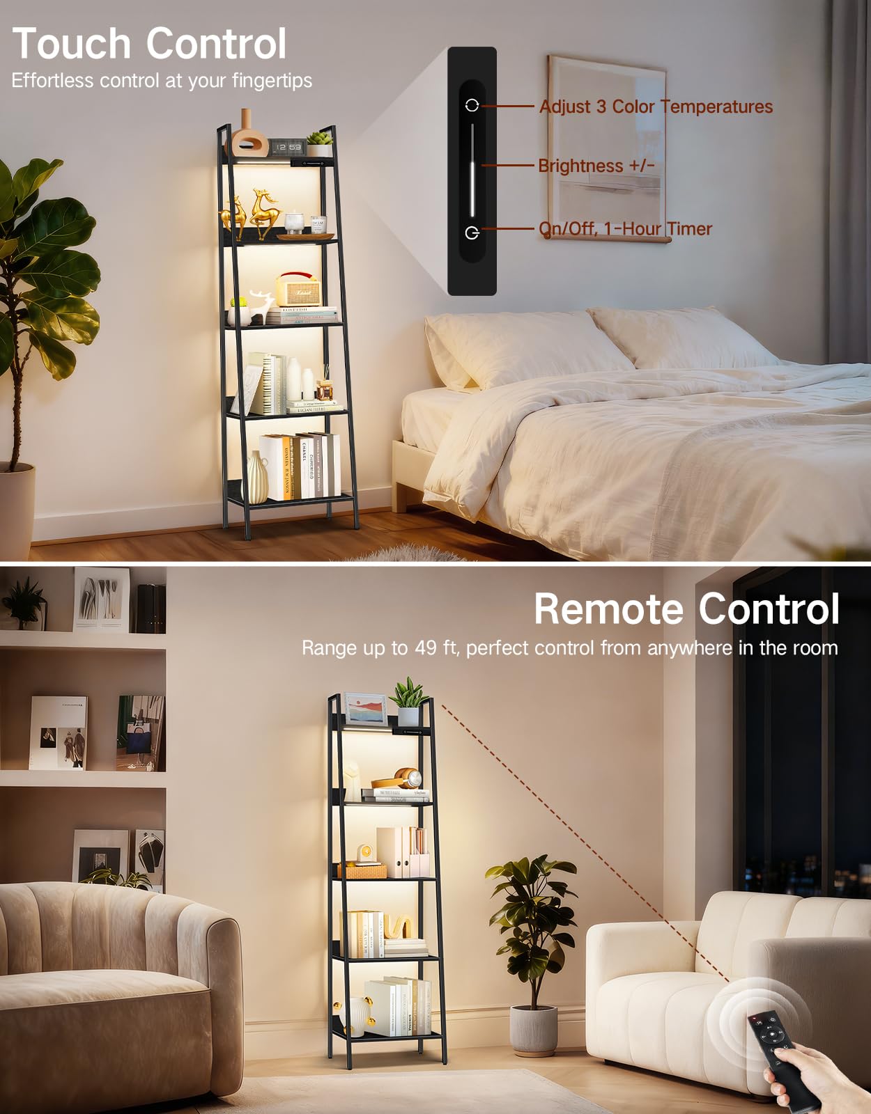 OUTONLIFE 5-Tier Small Ladder Shelf with LED Lights, Touch & Remote Control, 3 Color Temperatures, Dimmable Tall Corner Standing Bookcase