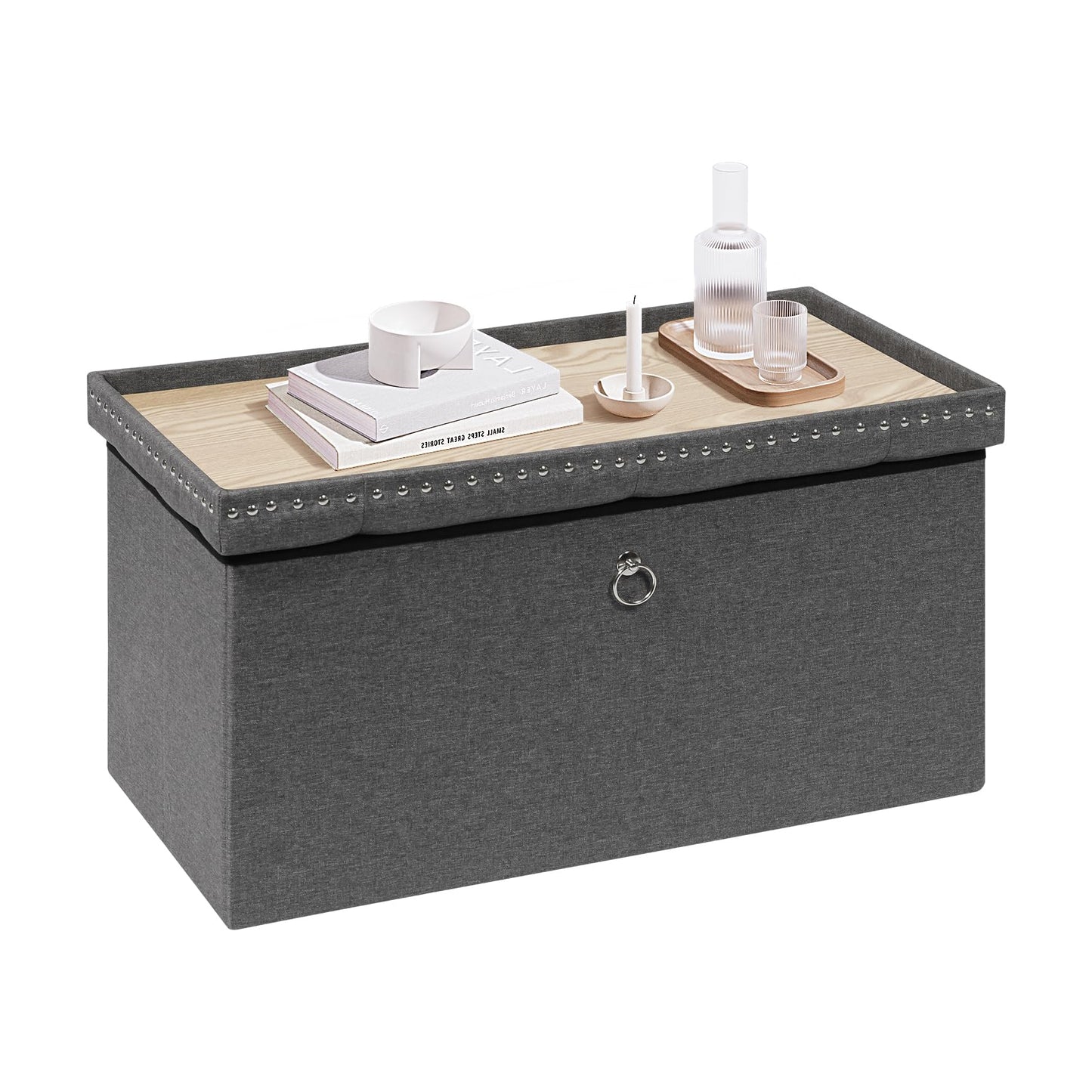 Bonlife Folding Ottoman Storage Bench, Coffee Table with Tray, Large Footstool for Living Room, Footrest Stool, Grey, Linen, 80x40x40cm