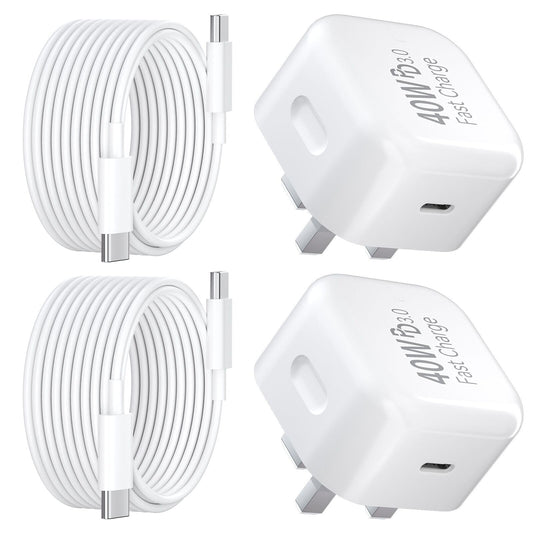 USB C Charger for iPhone 17 16 15 Charger 40W Fast Charger USB C Plug and Cables 3M, 2Pack Type C UK Wall Phone Power Adapter USBC Lead for iPhone 17