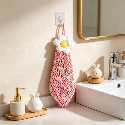 Chenille Hand Drying Towel with Hanging Loop,Daisy Design Lovely Fingertip Towel for Kids Adults