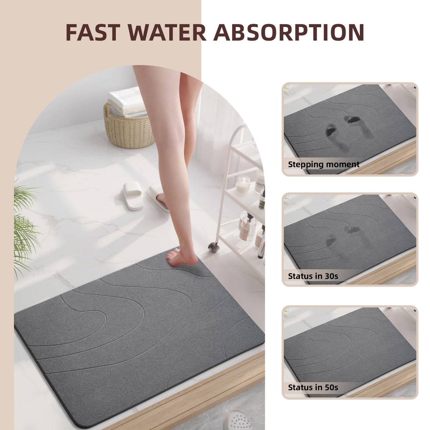 Dai Lufei Stone Bath Mat - Natural Diatomaceous Earth Super Absorbent Shower Mat, Quick Drying, Non-Slip Bath Mat, Bath and Bathroom Floor (Dark Grey)