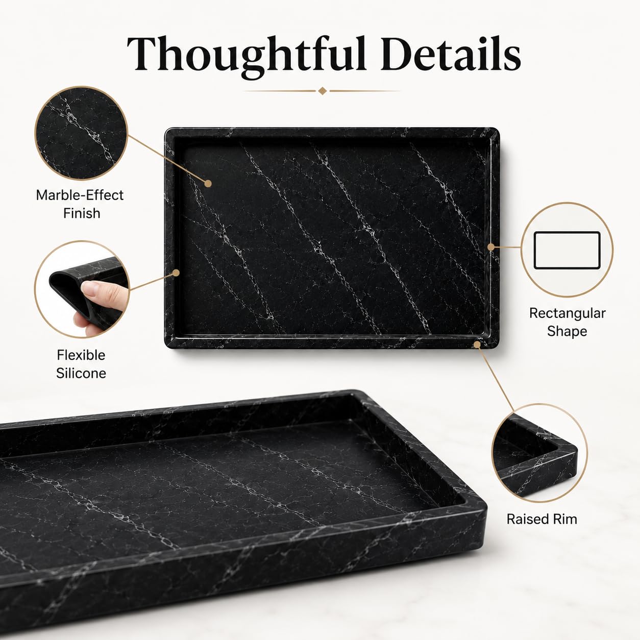 Flexible Silicone Marble Tray for Bathroom & Vanity Countertops - Rectangular Storage Organiser for Perfumes, Cosmetics, Jewellery