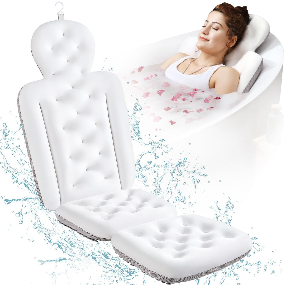 Full Body Bath Pillow for Bathtub, Thick Bathtub Cushion, Luxury Tub Pillow for Bath for Headrest Neck and Back Support White 130 X 41CM