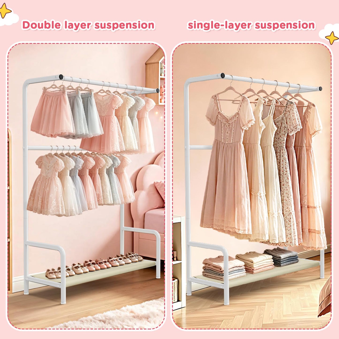 KEEGH Double Rod Kids Clothes Rail with Storage Shelf for Bedroom Playroom
