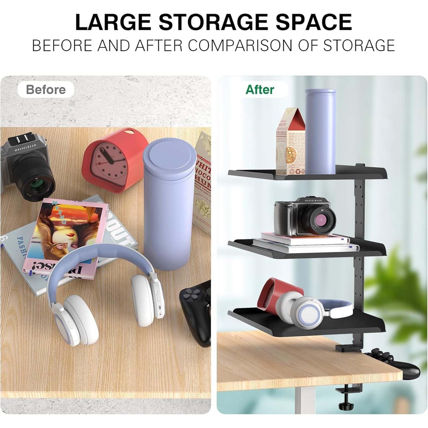 Clampable Desk Organiser Shelf, 3 Tier Bookshelf, Desk Storage Rack, Desktop or Under with Adjustable Metal Tray Headphone Stand
