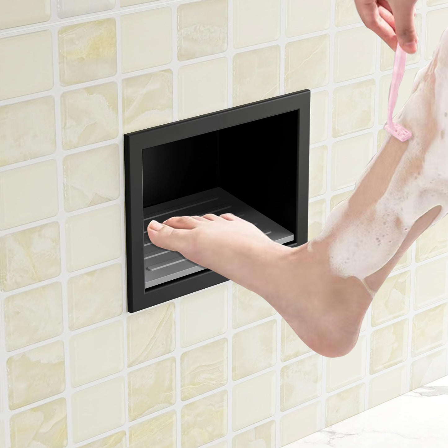 Neohomee Wall Recess Shower Recessed Shower Foot Rest Made of 304 Stainless Steel Recess with Non-Slip Silicone Pads for Bathroom, Black