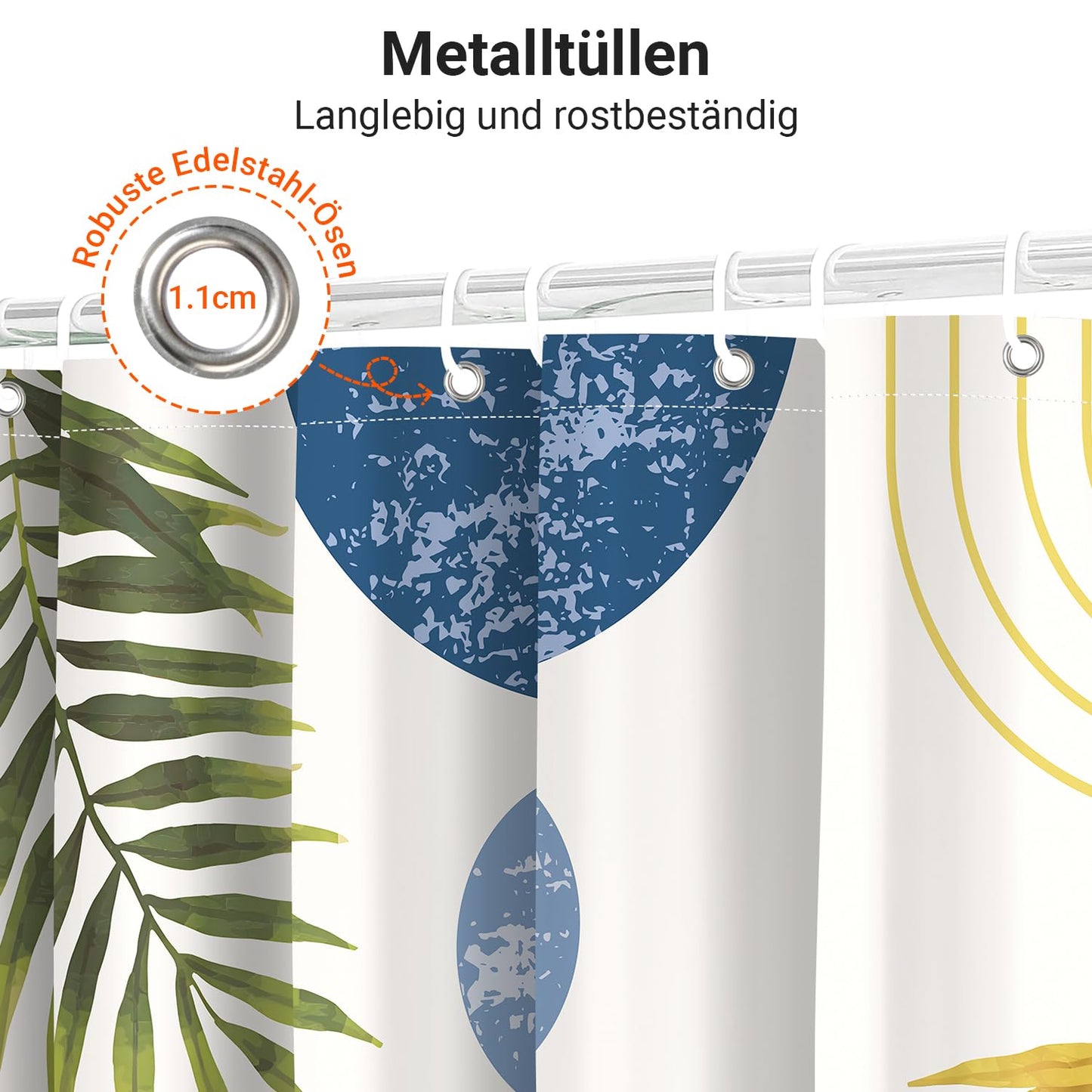 Lerores Shower Curtain, 180 x 200 cm, Blue Leaves Line, Weighted Hem, Anti-Mould Textile, Water-Repellent