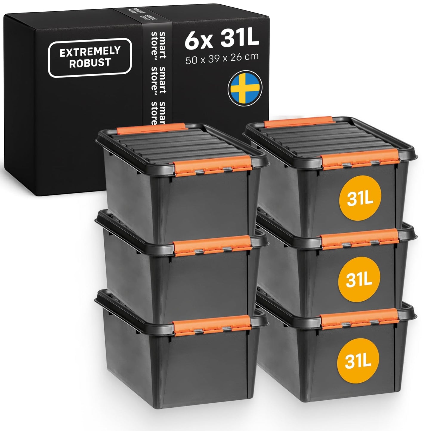 SmartStore extra-durable plastic storage boxes with lids | 31 L | 6-pack | Stackable bins with clip locks for tools, garage, or moving | BPA-free