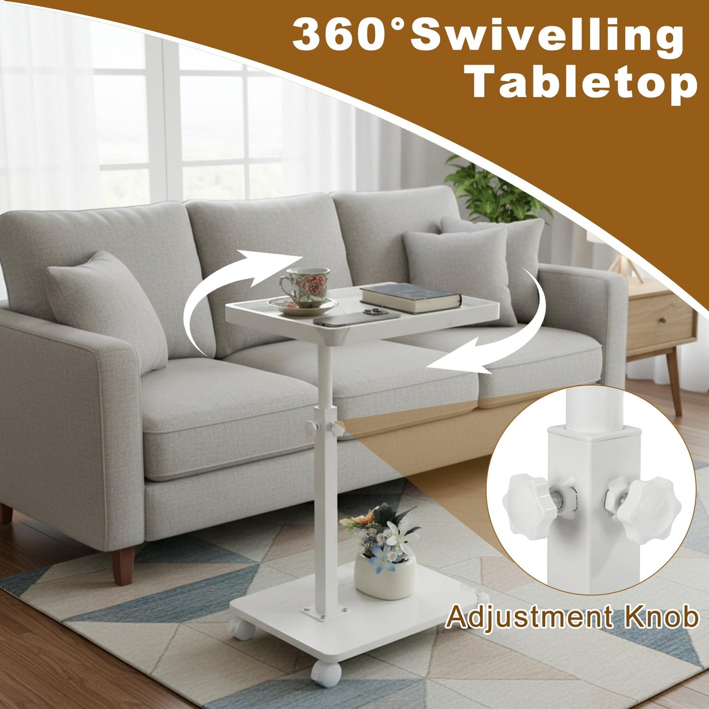 XUDREZ Adjustable Side Table, C Shaped Small Table with 4 Wheels 364° Swivel Tray, End Table for Living Room Bedroom Sofa Small Spaces