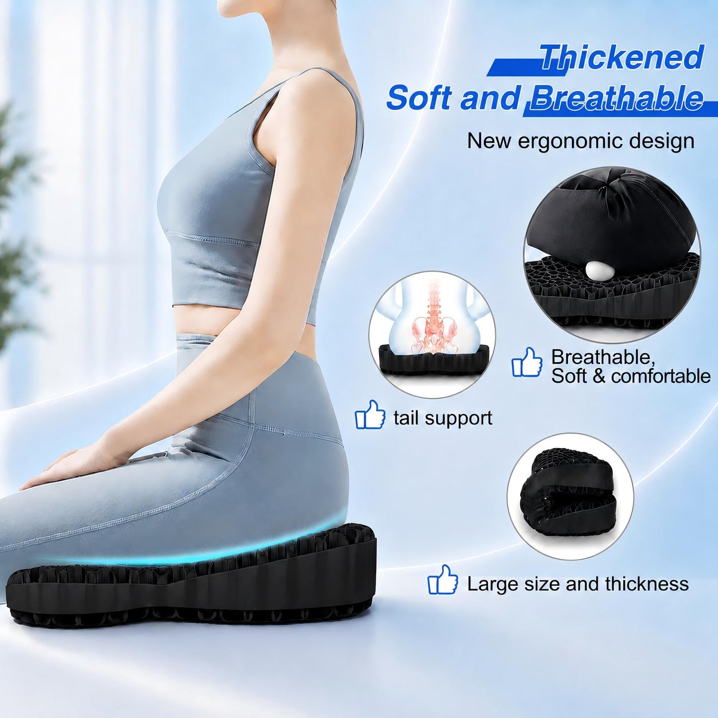 Airllantry Thicken 19.7in Seat Cushion, Gel Seat Cushion for Long Sitting–Office Chair, Wheelchair, Car Pad, Large Cooling Support Pad for Back Pain