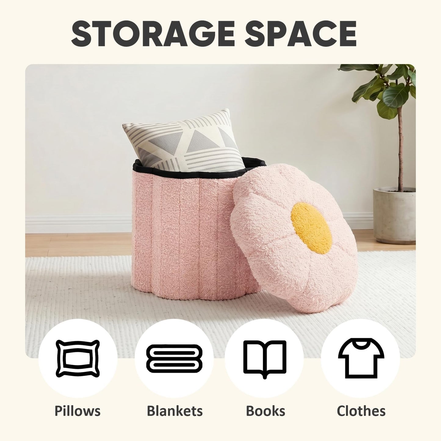 PINPLUS Small Folding Storage Ottoman with Lid, 32x32x29 cm, Pink