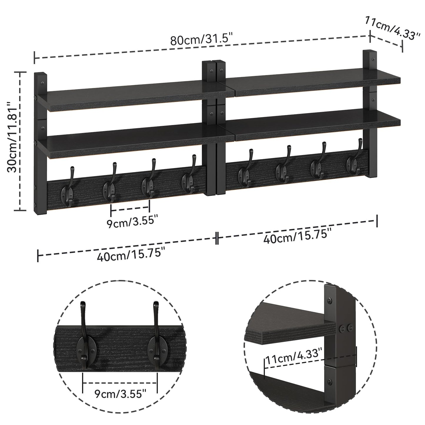 YMYNY 2-Tier Coat Hooks Wall Mounted with Shelf, Black HWS009B-2