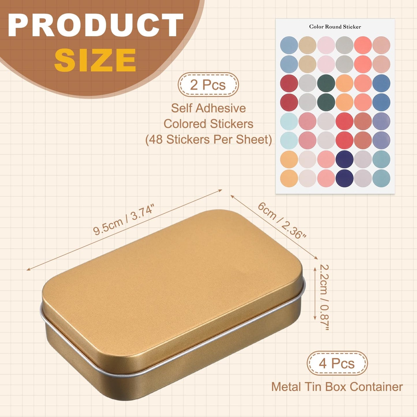 sourcing map 4Pcs Metal Tin Box Container, 3.7x2.4x0.9 Rectangular Empty Box with Self Adhesive Colored Stickers